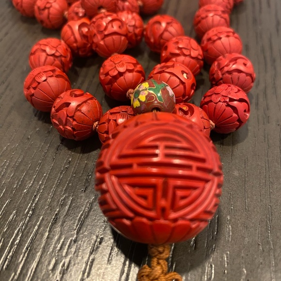 Rare Antique Vintage Hand Craved Red Cinnabar Necklace